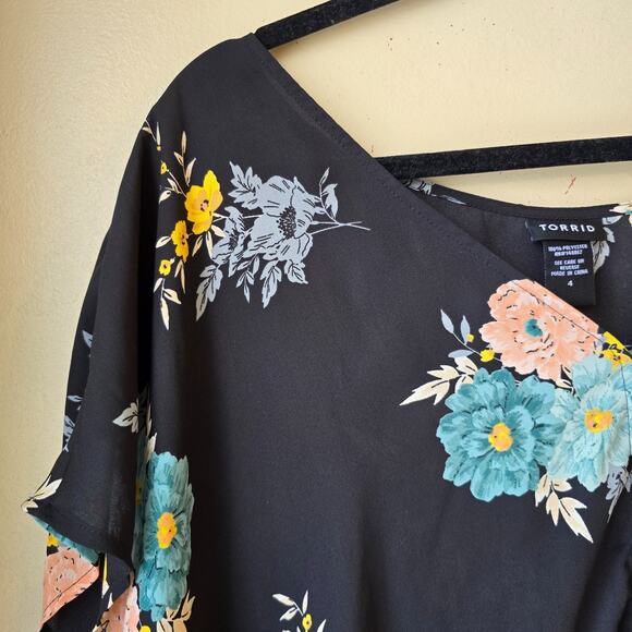 Torrid Sz 4 Black Pink Floral Sheer Chiffon Short Sleeve Blouse High Low 4X - Picture 3 of 8